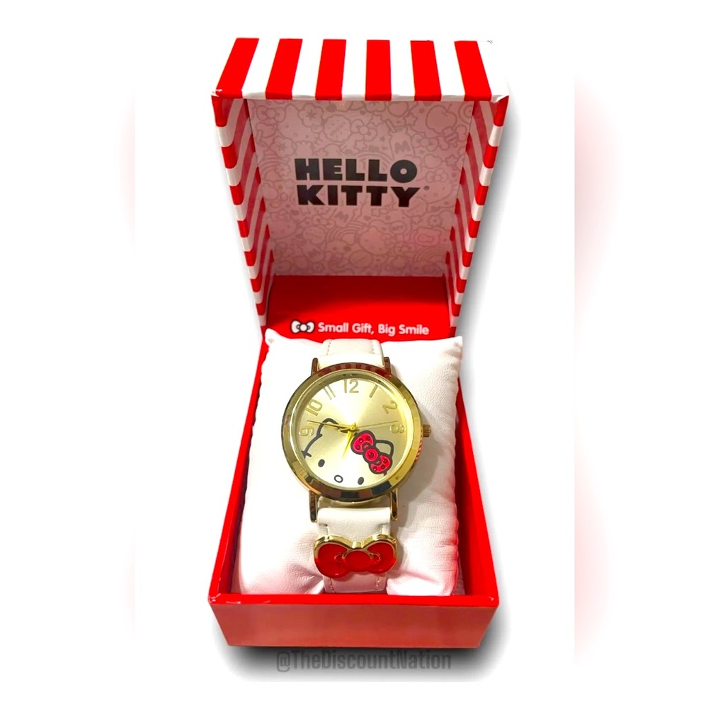 Hello Kitty Sanrio Accutime Watch White & Gold w/Bow Charm New in Box